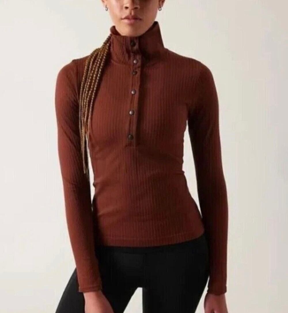 Athleta Ribbed Henley Long Sleeve Top, Brown, Size xs fall color